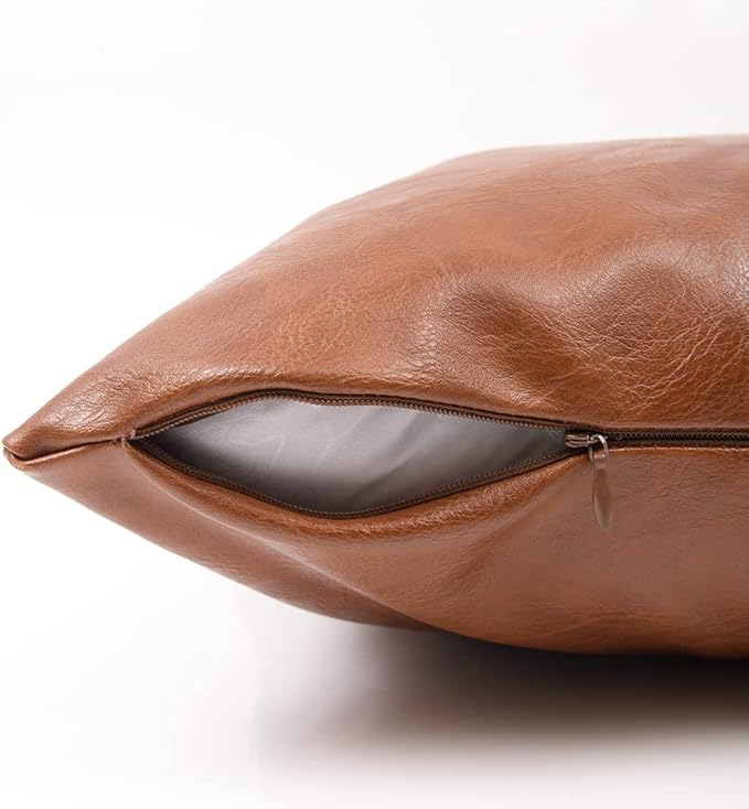 Fancy Homi Brown Boho Long Lumbar Faux Leather Decorative Throw Pillow Covers 14x20 Inch for Living Room Couch Bed Sofa, Hand Stitched Rectangle Cushion Case, Rustic Modern Farmhouse Home Decor