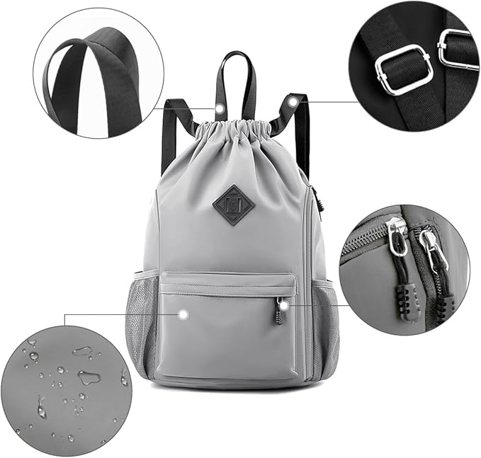 Valleycomfy Waterproof Drawstring Gym Backpack Bag for Men & Women,Sports Gym Bag with Side Pocket Grey