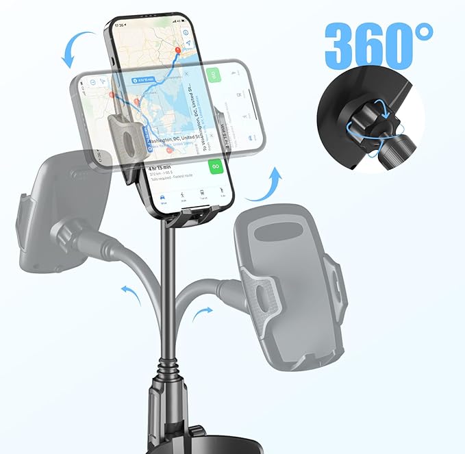 Cup Phone Holder for Car with 360° Adjustable Long Gooseneck, Cell Phone Holder Mount for Car | Truck | Golf Cart Compatible with iPhone & Samsung & All Smartphones