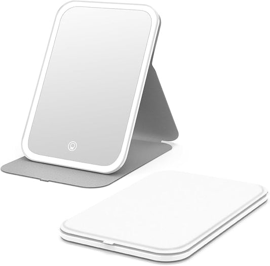 Kintion Travel Makeup Mirror, Portable LED Lighted Makeup Mirror, 360° Rotation Touch Screen Vanity Mirror, 60 LEDs, 3-Color Dimmable Lighting, Rechargeable Tabletop Folding Cosmetic Mirror, White