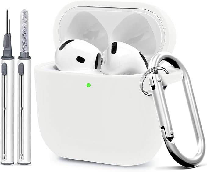 for Airpods 4th Case Cover, Come with Cleaner Kit,Soft Skin Silicone Case Cover with Keychain, Full Protective Case for Men and Women, Compatible with AirPods 4th Generation Case,White