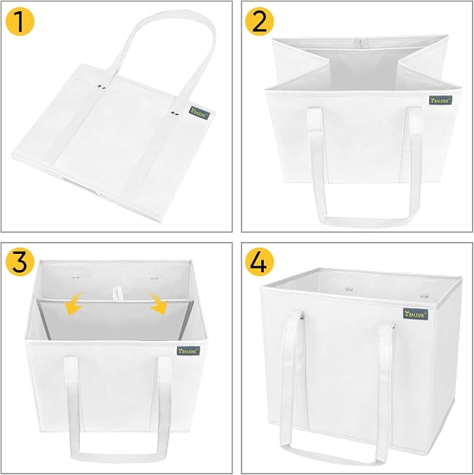 BALEINE 3Pk Reusable Grocery Bags, Foldable Shopping Bags for Groceries with Reinforced Bottom & Handles (White)