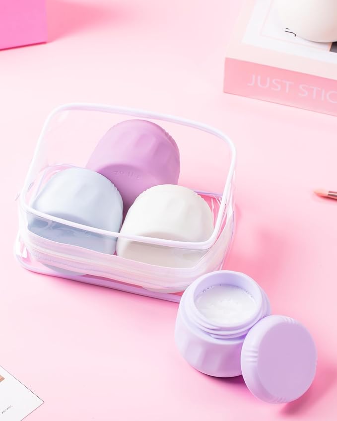 Mrsdry Travel Containers for Toiletries, TSA Approved Travel Size Toiletries 4 Pack, Refillable Containers, With Clear Bag, Leak Proof Silicone Jars, Essentials Creams Jars Carrying Small Items