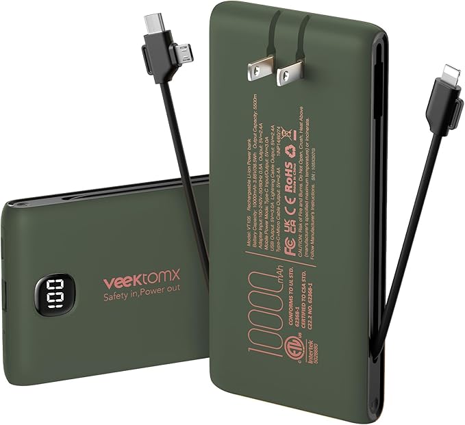 VEEKTOMX Portable Charger with Built in Cables 10000mAh, Power Bank for iPhone with AC Wall Plug, Fast Charging USB C Slim Battery Pack with LED Display Compatible with iPhone 17/16/15, Samsung