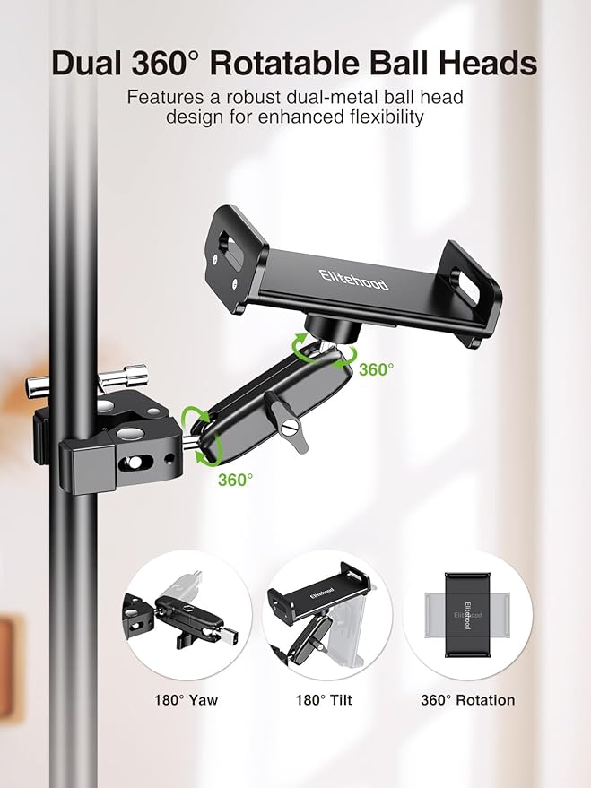 elitehood Aluminum Dual Ball Head Tablet Holder for Mic Stand, Adjustable iPad Mic Stand Holder, Strong Metal iPad Clamp Mount for Aircraft Yoke, Loader, Tractor, Boat, Wheelchair, Stroller, Treadmill