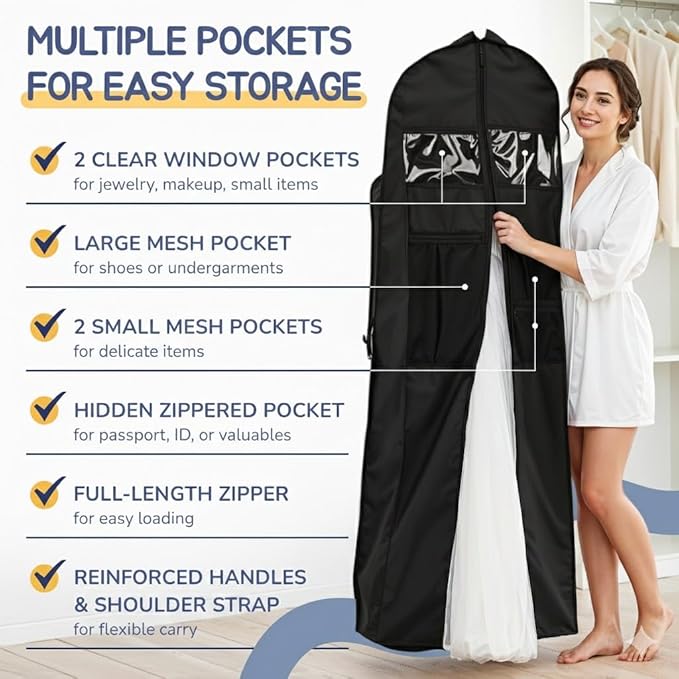 Wedding Dress Garment Bag 72" – Waterproof Trifold Travel Garment Bag for Bridal Gown with Shoulder Strap, Suitcase Sleeve & Accessory Pockets – Fits Full Skirts, Oxford Fabric, Carry Handle