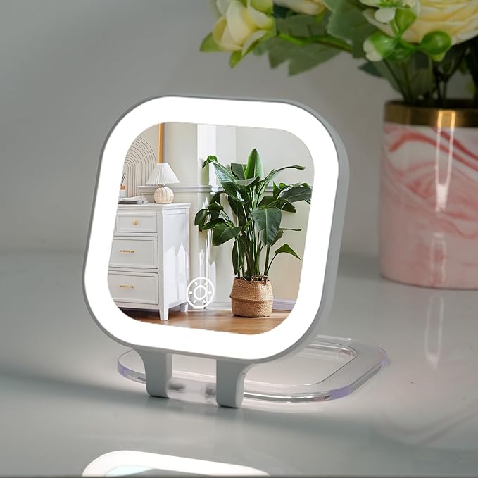 FUNTOUCH Travel Mirror with Light, Compact Mirrors, 1x/30x Magnifying Mirror with 3 Color Lights and Adjustable Brightness, 4.5x3.9 inch Small Compact Hangable Hand Pocket Mirrors,White