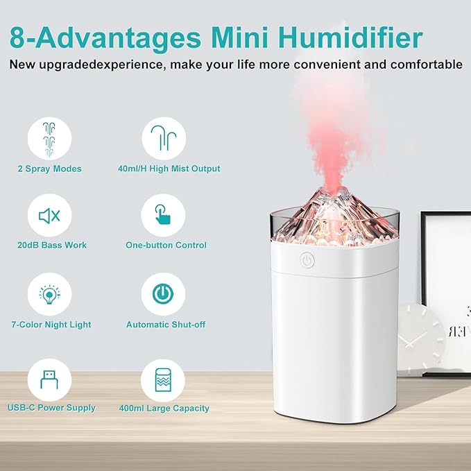 Portable Small Humidifier, 400ml Cool Mist Humidifiers for Bedroom, USB Powered Desktop Humidifier with Light for Car, Office, Travel, Plants, Auto Shut-Off, 2 Mist Modes, Super Quiet, White