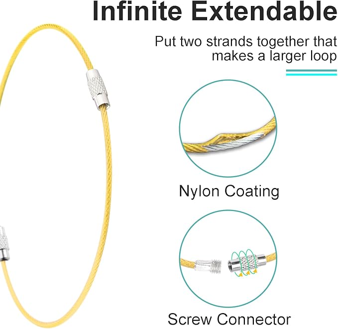 CooBigo 12 Pack Stainless Steel Loops 2mm Coated Wire Keychain Cable Large Key Rings 6 inch Key Chain for Women, Luggage Tags, Key Tags, Keyrings, Kitchen Utensils, Duster - Yellow
