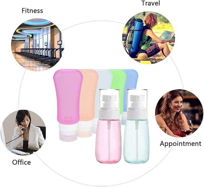 7 Pack Travel Bottle Set, 3 Ounce TSA Approved Leakproof Silicone Containers and 100ml/3.50z Fine Mist Hairspray Bottle Refillable Containers for Cosmetic Skincare Perfume