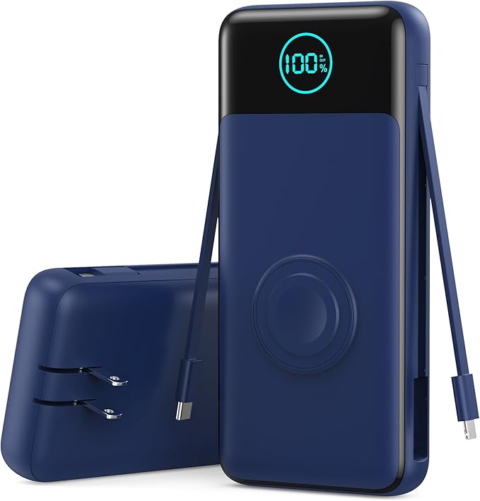 Portable Charger for iPhone with Built-in Cables and AC Wall Plug,26800mah Fast Charging USB C Power Bank,25W PD Travel Essential Battery Pack for iPhone 17/16/15/14/13,Galaxy,Apple Watch (Blue)