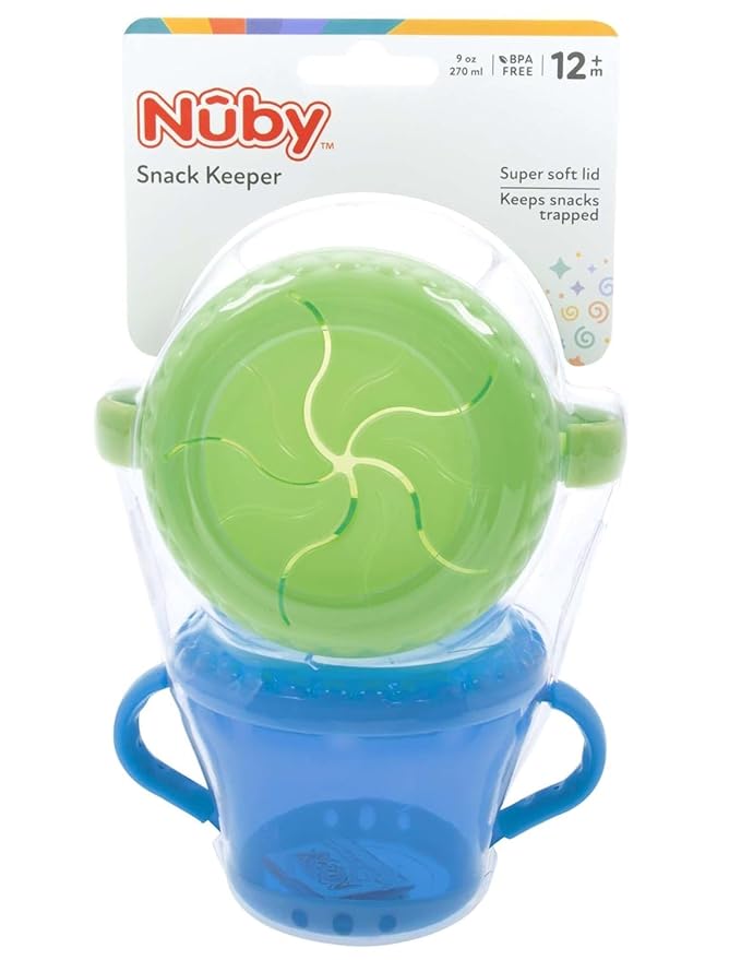 Nuby Toddler Snack Cups with Soft Flaps Lids - (2 Pack) 9 oz - Spill-Resistant Snack Containers for Kids - Portable Food Holders for Travel or Home - Blue and Green