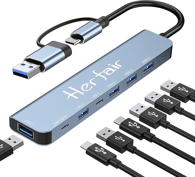 USB C/USB Hub Aluminum 7 in 1 Type-C USB Extender Multiport Adapter with USB3.0 & USB2.0 Ports for PC/Laptops/MacBook Pro/Air/iMac/iPad and More Devices