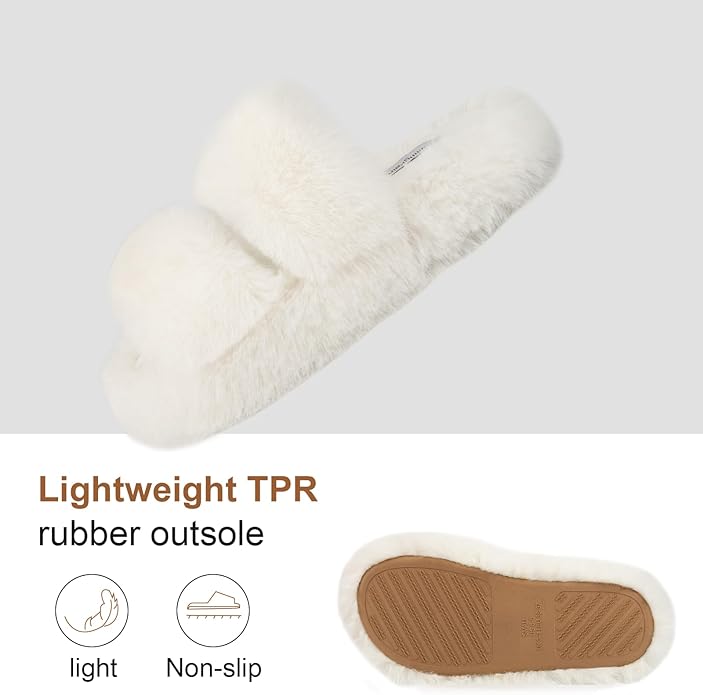 FamilyFairy Women's Fluffy Faux Fur Slippers Comfy Open Toe Two Band Slides with Fleece Lining and Rubber Sole
