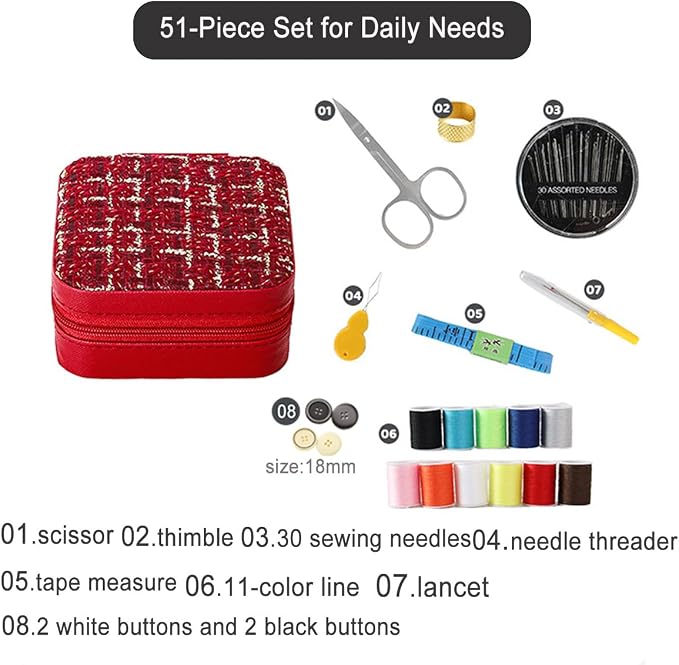 Mini Sewing Kit in Stylish Leather Case – Complete Set with Scissors,Needles,Thread & More, Fashion Box for Store Jewelry– Perfect for Beginners & Travel (White)
