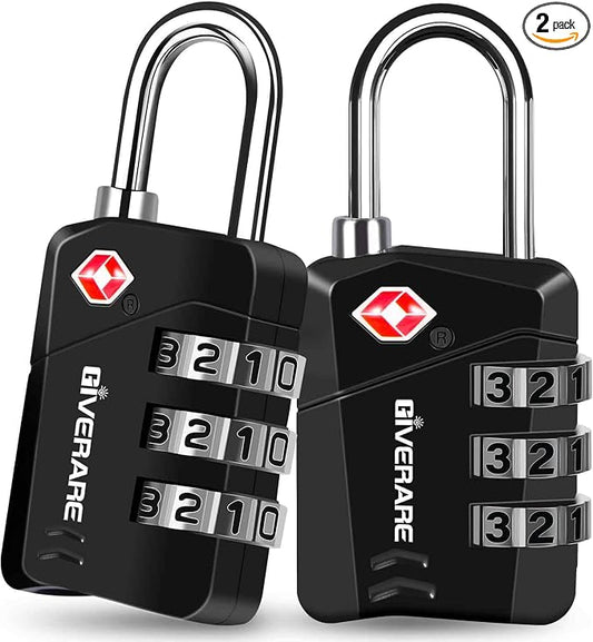 2 Pack TSA Approved Travel Luggage Locks, Metal Combination Lock, Alloy Keyless 3-Digit Padlocks, TSA Accepted Compatible Padlock for Gym Locker, Golf Bag Case, Backpack, Black-by GIVERARE
