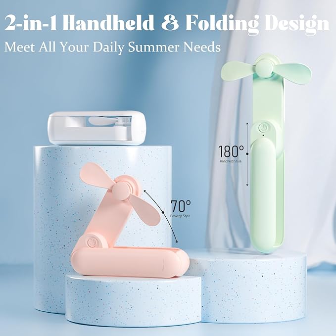 Portable Handheld Fan, 2 IN 1 Mini Hand Fan, Battery Operated [8-15 Working Hours], USB Rechargeable Personal Foldable Fan for Indoor, Small Pocket Fans Travel Essentials for Outdoor (White)