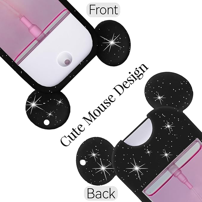 TERPINK 2 Pack Silicone Case Compatible with Touchland Hand Sanitizer Spray 1 fl oz, Mouse Design Protective Case with Keychain, Hand Sanitizer Spray Accessory (Glitter Sequin Black+Pink)