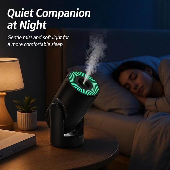 Portable Mini Humidifier with 2 Mist Modes, 220ml Cool Mist Rotation Humidifiers with Colorful Night Light, Quiet Operation, USB Personal Desktop Humidifier for Bedroom, Office, Travel, Car, Black