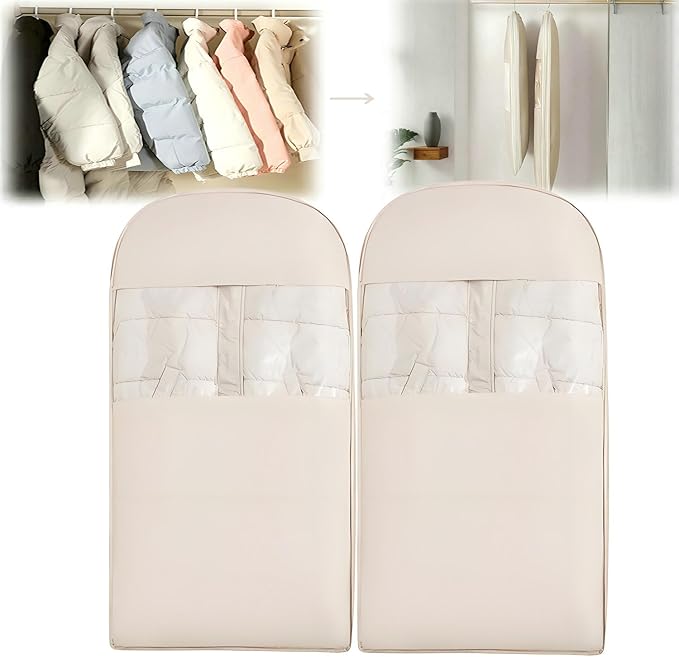 Space Saving Hanging Garment Bag with Self Compression Zipper, New Update Space Saver Clothes Storage Organizer, Dust Cover Clothes Bags for Down Coat Suit Dress or Jacket (Beige, L, 2PCS)