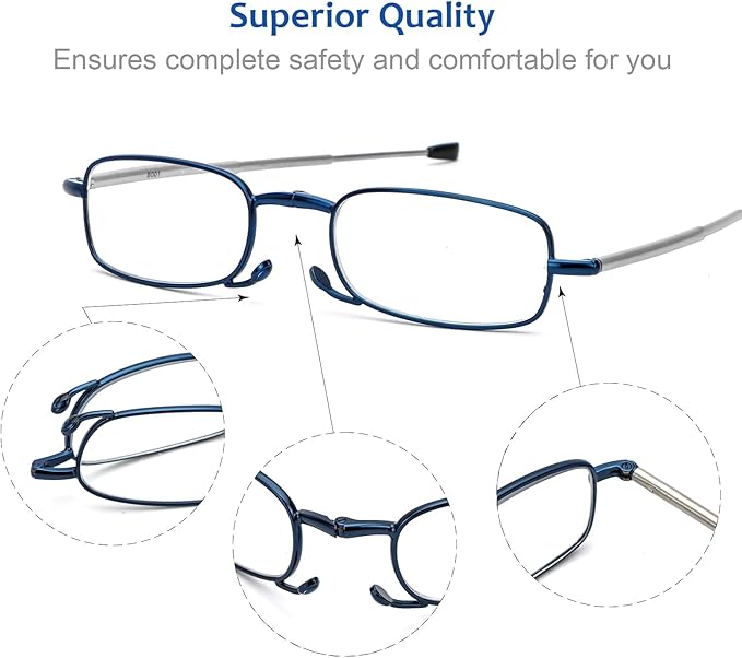 2 Pack Folding Reading Glasses Stainless Steel Mini Anti-Blue Light Blocking Reader for Men Women