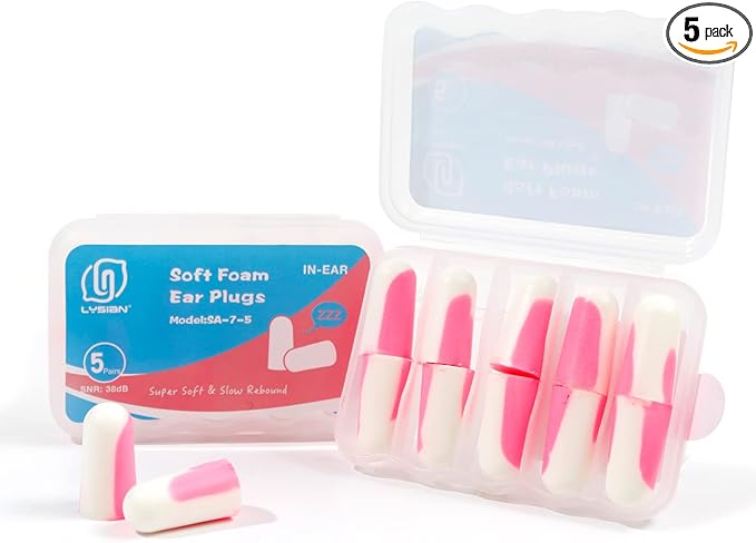 LYSIAN Ultra Soft Foam Ear Plugs for Sleeping Noise Cancelling -5 Pairs, 38dB Earplugs for Sleep, Work, Snoring and Shooting (Pink/White)