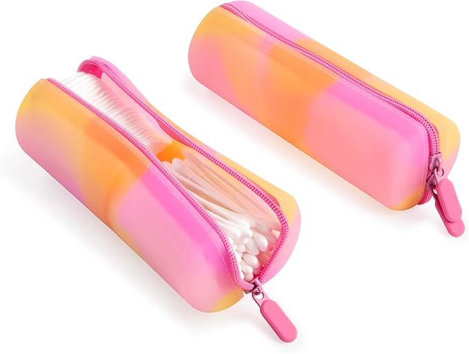 Cotton Round Swab Travel Case, 2 in 1 Portable Hair Accessories Organizer, Hair Tie Organizer, Hair Tie Holder, Bobby Pin Holder, Travel Qtips Case, Purse Organization, Floss Holder (Peach Sunrise)