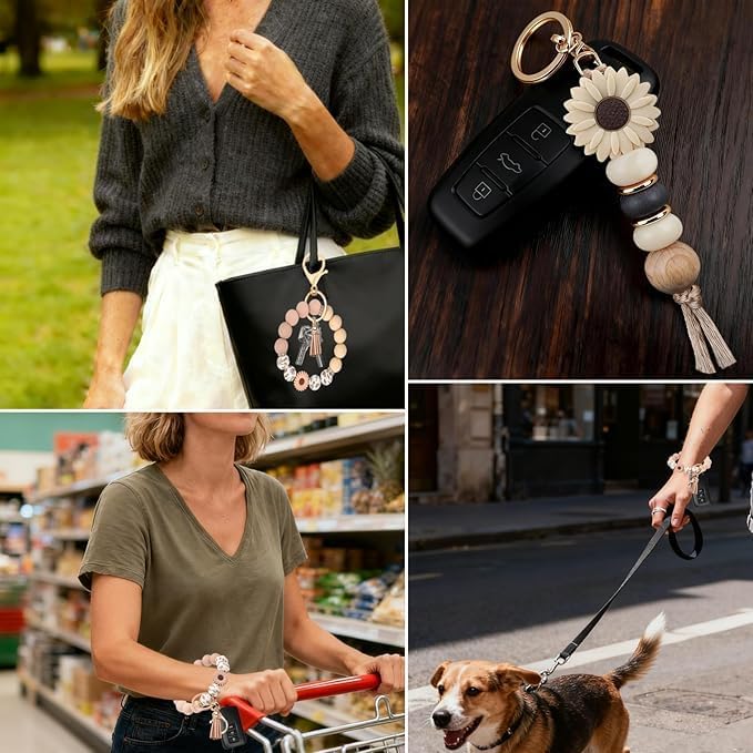 2PCS Bracelet Key Ring Set, Cute Car Key chain Wristlet, Silicone Beaded Bangle keyChains for Women Girls