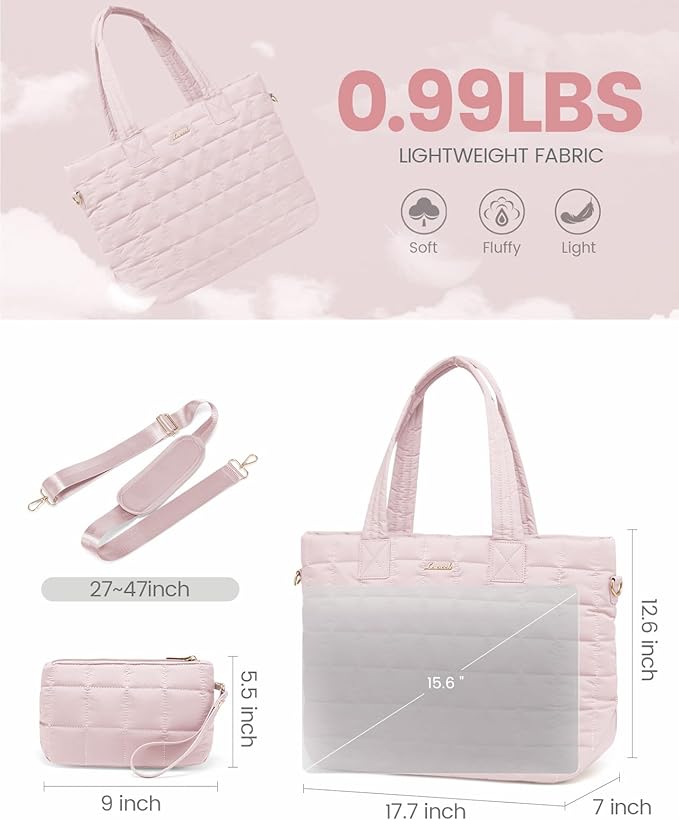 LOVEVOOK Laptop Tote Bag for Women, 15.6 Inch Large Puffer Work Computer Tote Bags for Teacher Nurse, Quilted Women's Purse Tote Shoulder Handbags with Zipper for Travel College Office Gym, Pink