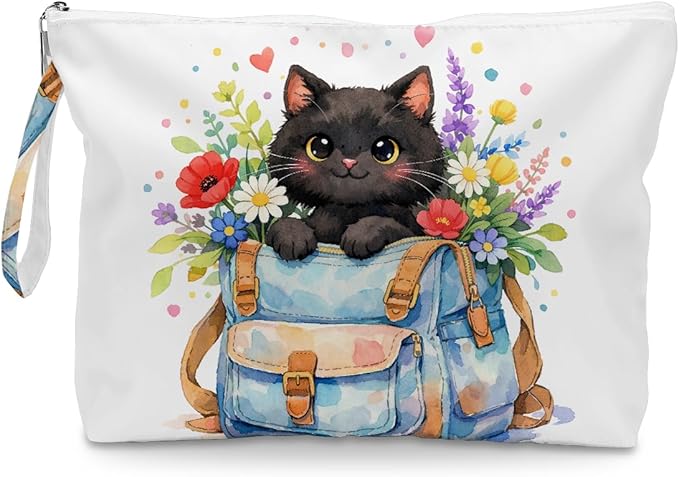 Fokongna Black Cat Print Wet Bag, Small Portable Waterproof Multi-Functional Organizer for Women,Sky Blue Backpack Floral Cat，Ideal for Daily, Beach & Travel