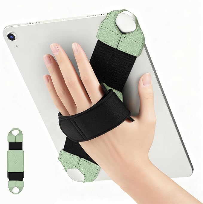 FINTIE Universal Tablet Hand Strap Holder for 9-11 Inch Tablets eReaders, 360 Degrees Swivel PU Leather Secure Portable Adjustable Handle Grip for iPad, Galaxy Tab and 9-11" Tablets (Sage Green)
