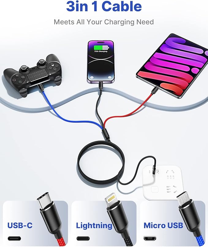 Aioneus Multi Charging Cable, Nylon Braided 3 in 1 Charging Cord Multi USB Cable Fast Charging Cord with Type-C, Micro USB and IPh Port, Compatible with Most Phones & iPads