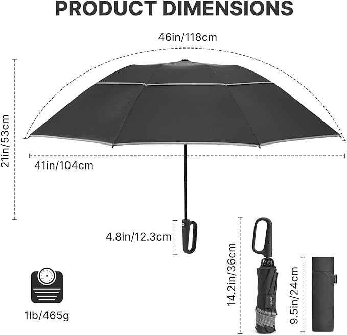 G4Free 46inch Ring Buckle Umbrella, Inverted Design with Carabiner Handle, Compact Travel Umbrella with Reflective Strip, Automatic Windproof for Rain