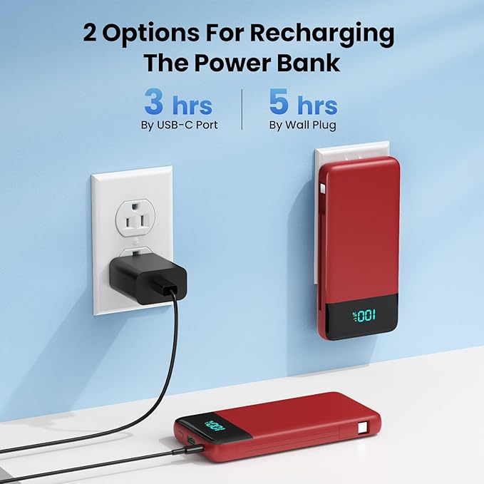 Portable Charger for iPhone with Built in Cables and Wall Plug,Upgraded 13800mAh Fast Charging USB C Power Bank,4 Outputs Travel Essential Battery Pack Compatible with iPhone 15/14/13/12,Galaxy-Red