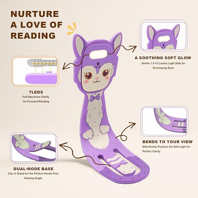 Rechargeable Kids Book Light, Cute Bookmark Reading Light for Kids, Dimmable Portable LED Book Light for Reading in Bed, Eye-Caring Bedtime Reading Lamp for Children & Travel, Purple