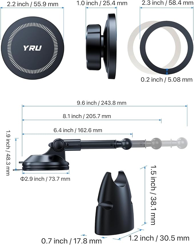 YRU Upgraded Magnetic Phone Holder Car【Patented & Super Magnet】 for MagSafe Mount Dashboard Windshield Vent Magnet Phone Cradle Stand for iPhone 17 16 15 14 13 12 Pro Max Samsung Truck, Black