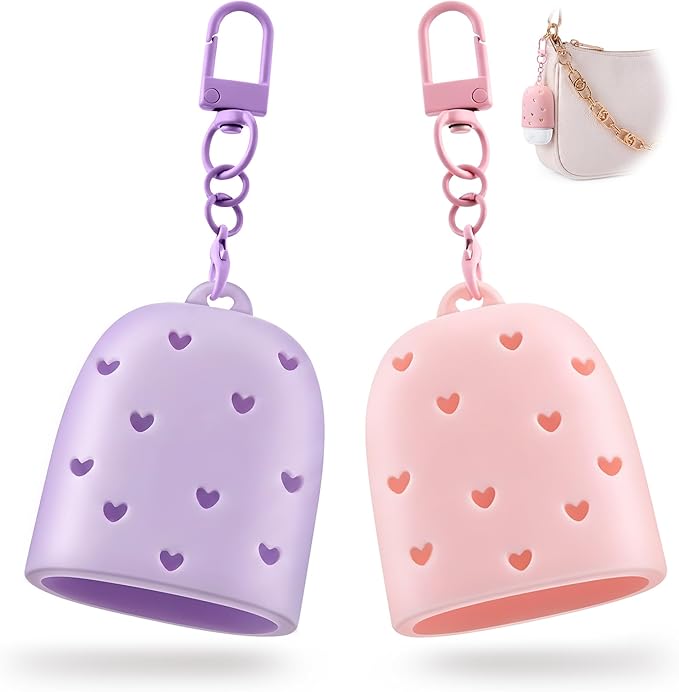 Meonum 2 Pack Cute & Stylish Hand Sanitizer Holders, Compatible with Bath & Body Works PocketBac, Pink & Purple Hollow Heart Design, Easy Clip-On Keychain for Bags, Snug Fit Won't Fall Off