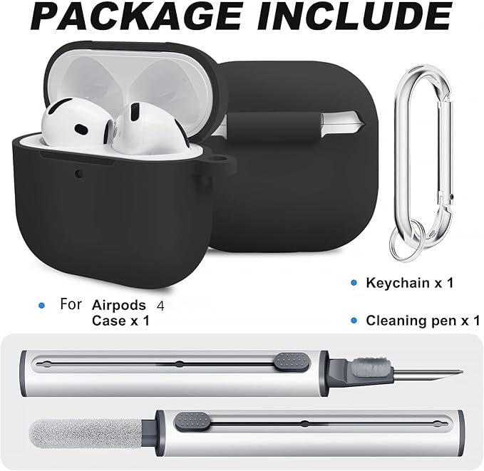 for AirPods 4th Case Cover, Soft Silicone Case with Cleaner Kit, Keychain, Full Protection for Men and Women, Compatible with AirPods 4th Generation (Black)