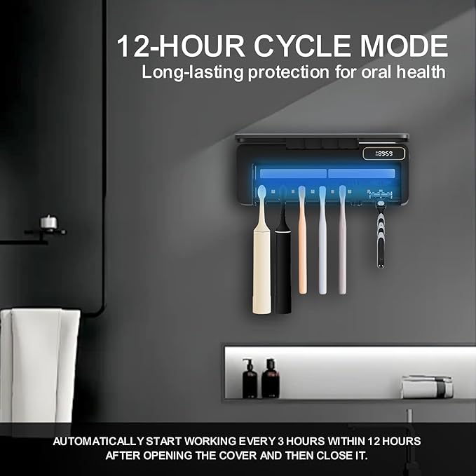 UV Toothbrush Sanitizer Holder for Bathrooms,Mold & Odor Removal & Timer Function Smart Home Bathroom Accessories, 5+1+1 Slots Rechargeable Cordless Wall Mounted Tooth Brush Holder (Black)
