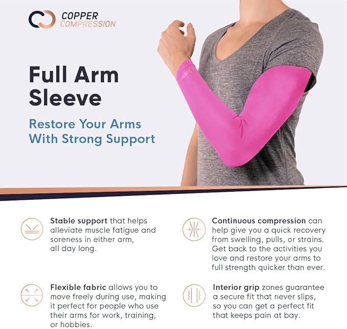 Copper Compression Arm Sleeve - Copper Infused Full Arm Brace for Forearm, Bicep, Triceps - Tennis Elbow, Basketball, Golf, Arthritis, Tendonitis, Bursitis, Post Surgery Rehab - Odor Resistant - Pink - S