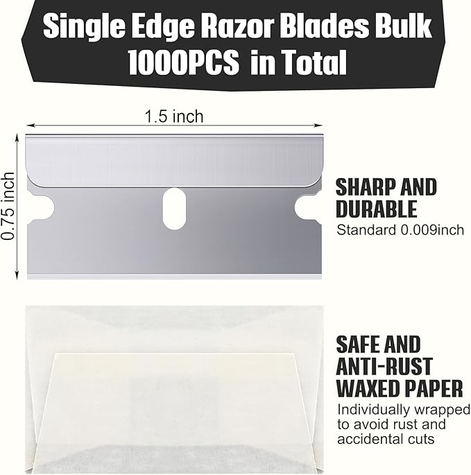 Lasnten 1000 Pack Single Edge Razor Blades High Carbon Steel Individually Wrapped 1.5" x 0.75" Replacement Scraper Blades for Removing Paint Labels Stickers & Decals