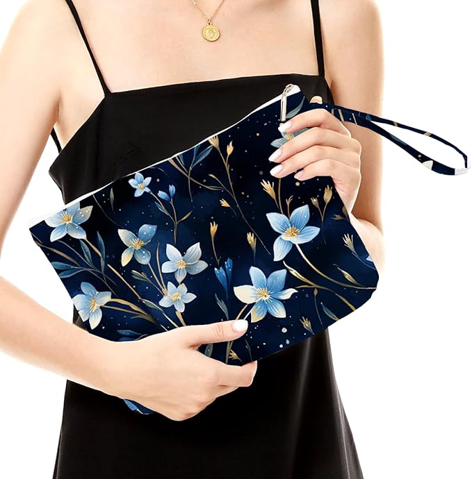 Fokongna Floral Print Wet Bag, Small Portable Waterproof Multi-Functional Organizer for Women, Ideal for Daily, Beach & Travel, Midnight Blue Starry Bluebell