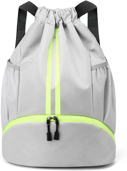 JELUTAR Drawstring Backpack Gym Bag with Shoes Compartment for Soccer, Basketball, Swim, Water-Resistant String Backpack Beach Cinch for Women Men, Grey, Medium