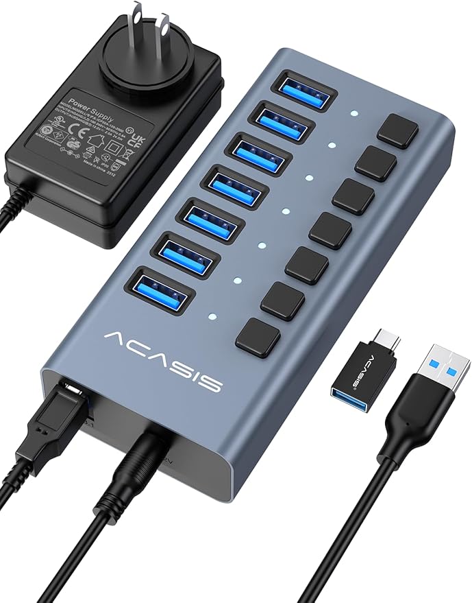 Powered USB 3.2 Hub, ACASIS 7 Ports USB 3.2 Hub with 10Gbps Data Speed, Aluminum Housing, USB Hub Powered with 24W Power Adapter, USB Hub for PC/Laptop, Computer, Flash Drive, Printer, Camera