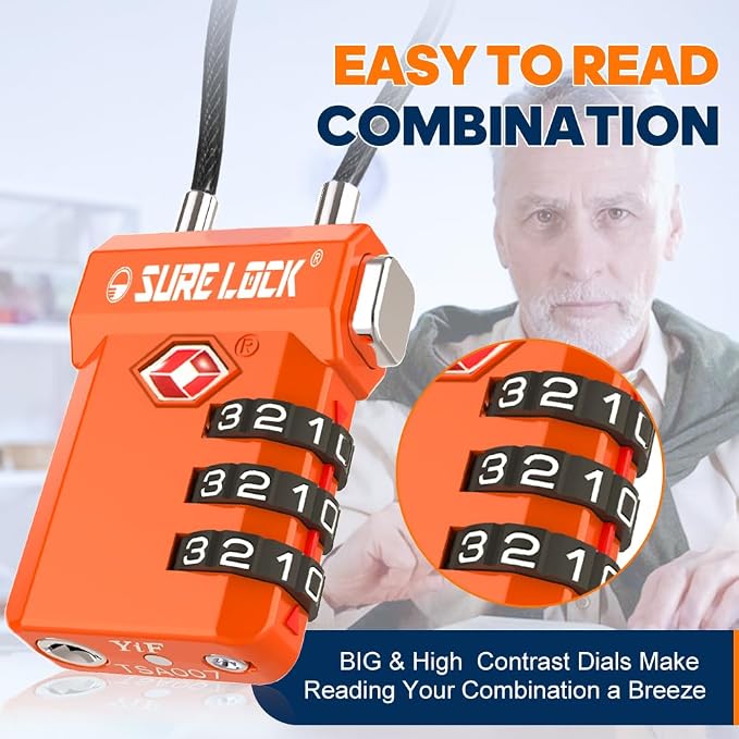 SURE LOCK TSA Approved Luggage Locks with Open Alert Indicator, 3 Digit Combination Cable Travel Lock for Suitcase, Backpack, Gym Locker, Toolbox, Carry On & Travel Bag