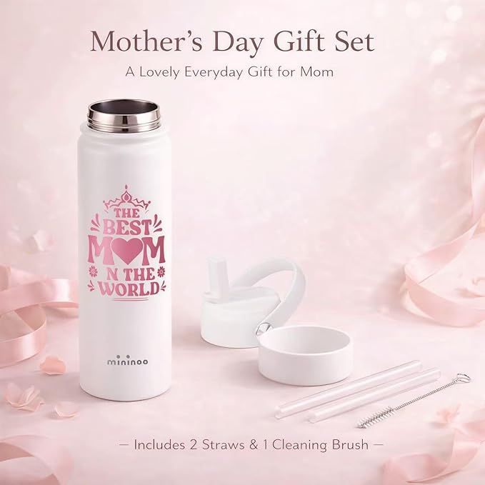 mininoo Mothers Day Gifts for Mom, 24 oz Insulated Stainless Steel Water Bottle with Straw Lid, Fits Cup Holders, Birthday Gifts for Mom