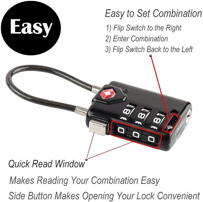 SURE LOCK TSA Approved Luggage Locks with Open Alert Indicator, 3 Digit Combination Cable Travel Lock for Suitcase, Backpack, Gym Locker, Toolbox & Travel Bag(Black 6 Pack