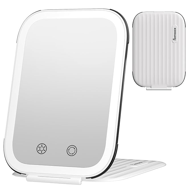 FUNTOUCH Rechargeable Travel Makeup Mirror with Lights, Light up Portable Vanity Mirror with 80 LEDs,2000mAh Battery,Brightness Adjustable,3 Lighting, Dimming Compact Mirror
