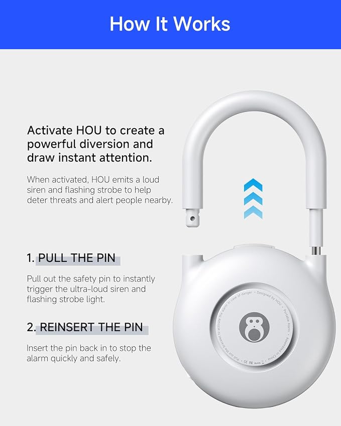 HOU 130dB Personal Alarms for Women – USB-C Rechargeable Self Defense Alarm Keychain with Strobe Light – Loud Personal Safety Alarm for Students & Jogging – Safe for Seniors, White