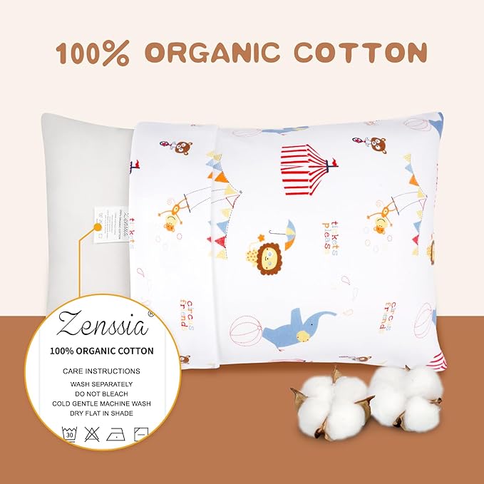 Zenssia Organic Cotton Toddler Pillowcases Pack of 2, 13x18 Inches Travel Pillowcase with Envelope Closure, Soft & Breathable Baby Pillow Case Cover, Circus